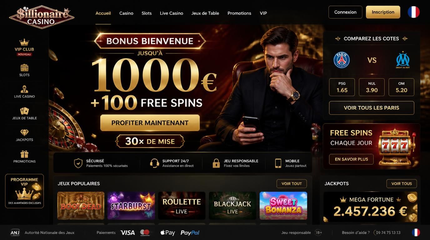 Un visuel montrant lâoffre de bienvenue avec free spins et exigences de mise dans un style luxueux français
