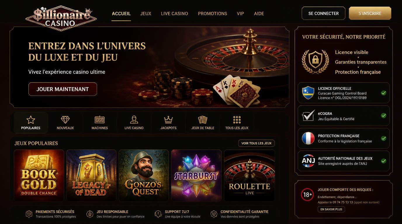interface de casino avec licences visibles et logos français